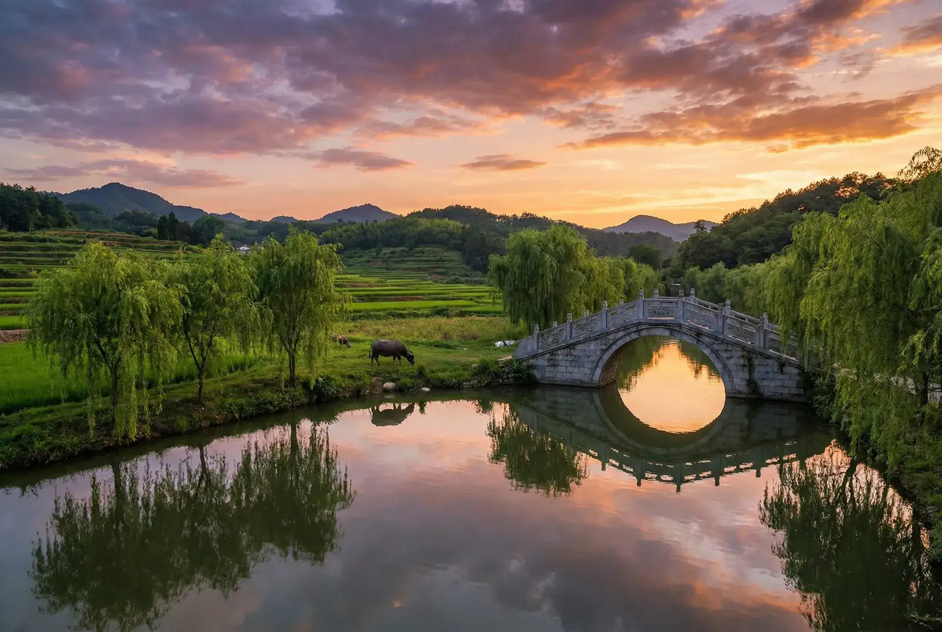 夕阳下的石拱桥与垂柳，水牛在河边吃草 - 宝贝我这是在爱你呢 乡村美景