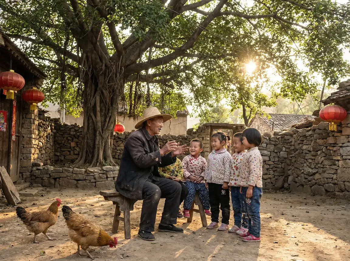 老人在大榕树下给孩子们讲故事 - 宝贝我这是在爱你呢 乡村记忆